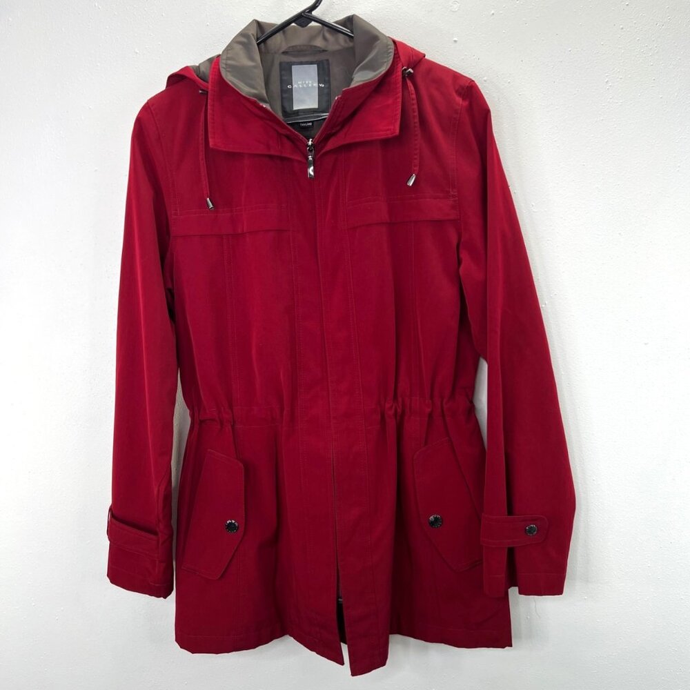 Miss Gallery Jacket M Red Hooded Zip Front Cinched Waist Short Trench Pockets